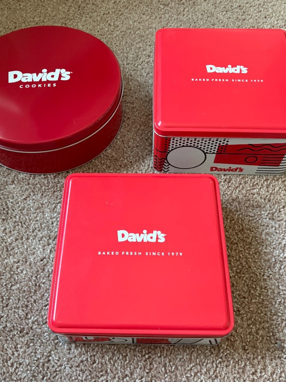 Bundle of 3 EMPTY David's Cookies Metal Tins - Storage, Reusable Tin, Gift Box
